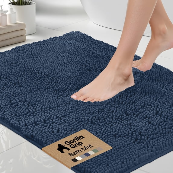 GORILLA GRIP Chenille Bath Rug 44x26, Rubber Back Quick Dry Washable Microfiber Bathroom Mats, Navy Blue