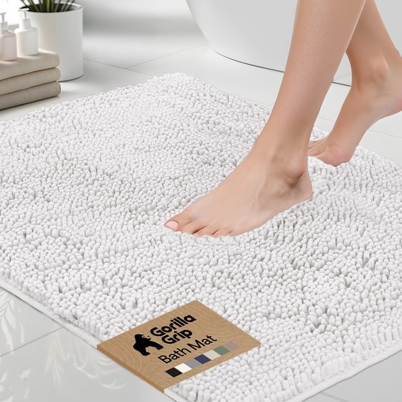 GORILLA GRIP Chenille Bath Rug 44x26, Rubber Backing Quick Dry Washable Microfiber Mats, White
