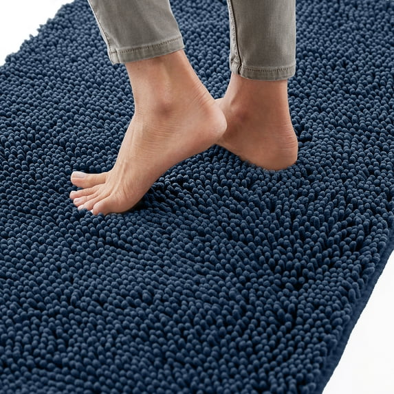 GORILLA GRIP Chenille Bath Rug 48x17, Rubber Backing Quick Dry Washable Microfiber Mats, Navy