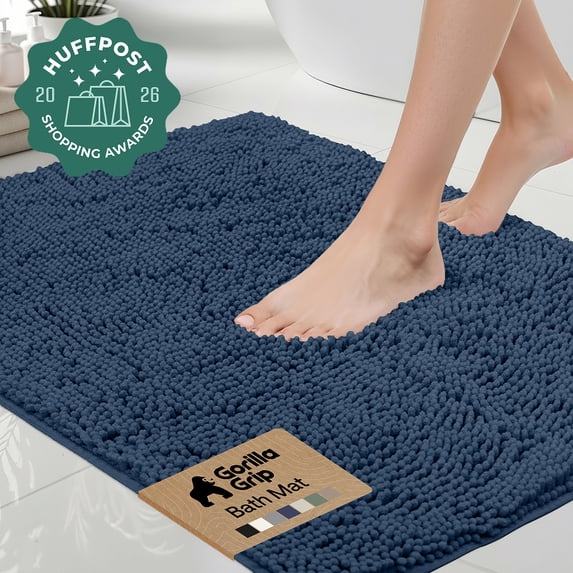 GORILLA GRIP Chenille Bath Rug 48x17, Rubber Backing Quick Dry Washable Microfiber Mats, Navy