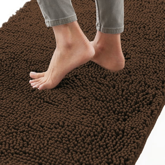 GORILLA GRIP Chenille Bath Rug 48x24, Rubber Backing Quick Dry Washable Microfiber Mats, Brown