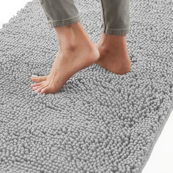 GORILLA GRIP Chenille Bath Rug 48x24, Rubber Backing Quick Dry Washable Microfiber Mats, Light Gray