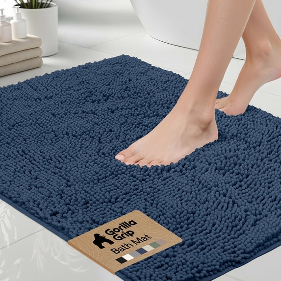 GORILLA GRIP Chenille Bath Rug 60x24, Rubber Back Quick Dry Washable Microfiber Bathroom Mats, Navy Blue