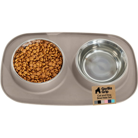 GORILLA GRIP Dog Bowls Feeding Mat Set, Stainless Steel Bowl, Raised Edge Silicone, 2 Cup, Beige