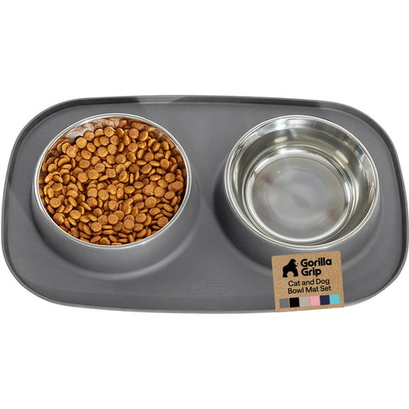GORILLA GRIP Dog Bowls Feeding Mat Set, Stainless Steel Bowl, Raised Edge Silicone, 2 Cup, Gray