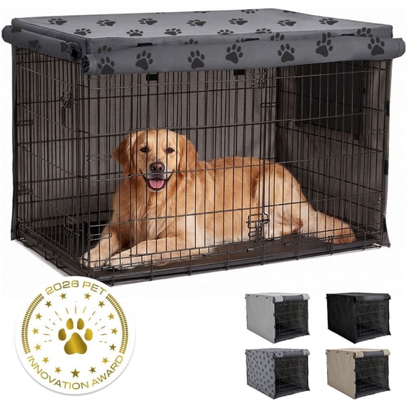 GORILLA GRIP Dog Crate Cover, Fits 42" Indoor Kennel Cage, Breathable Mesh Windows, Gray Paw