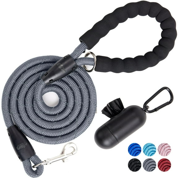 GORILLA GRIP Dog Leash, Heavy Duty Reflective Rope Leashes with Waste Bag Dispenser, 4 1/2 FT Gray