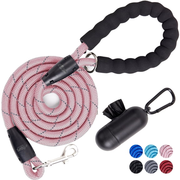 GORILLA GRIP Dog Leash, Heavy Duty Reflective Rope Leashes with Waste Bag Dispenser, 4 1/2 FT Pink