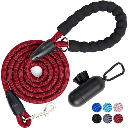 GORILLA GRIP Dog Leash, Heavy Duty Reflective Rope Leashes with Waste Bag Dispenser, 4 1/2 FT Red
