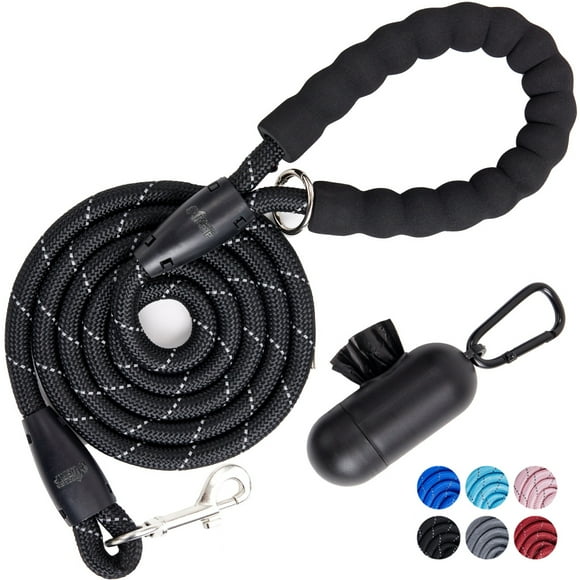 GORILLA GRIP Dog Leash, Heavy Duty Reflective Rope Leashes with Waste Bag Dispenser, 5 1/3 FT Black
