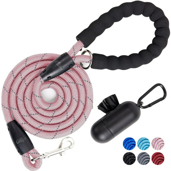 GORILLA GRIP Dog Leash, Heavy Duty Reflective Rope Leashes with Waste Bag Dispenser, 5 1/3 FT Pink
