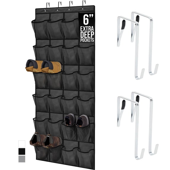GORILLA GRIP Over the Door Shoe Organizer, 24 Extra Large Breathable Mesh Pockets, Space Saving Hanging Storage Holder, 4 Hook Closet Rack Hanger, Hangs on Closets for Shoes and Accessories, Black