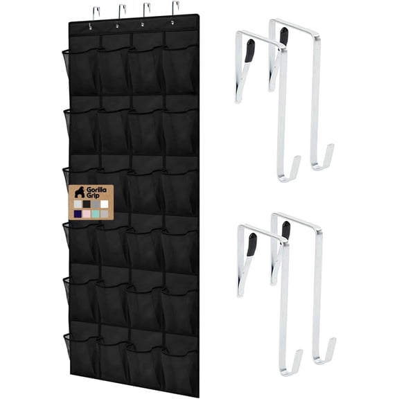 GORILLA GRIP Over the Door Shoe Organizer, 24 Large Breathable Mesh Pockets, Space Saving Hanging Storage Holder, Closet Rack Hanger Holds Up to 40 lbs, Hangs on Closets for Shoes, Accessories, Black