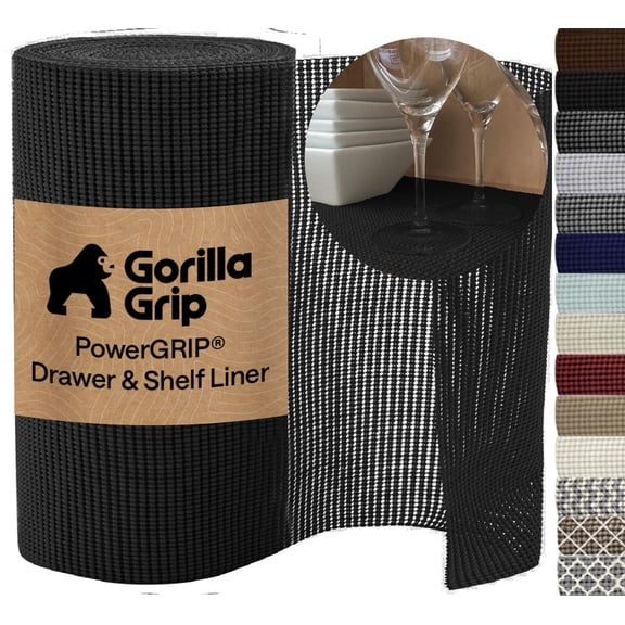 GORILLA GRIP Drawer Shelf Liner, Non-Adhesive Liners for Kitchen Pantry Cabinets, Easy Install, 12"x10', Black