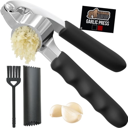 GORILLA GRIP Garlic Press and Peel Set, Heavy Duty Mincer Tool, Large Ergonomic Handle, Black