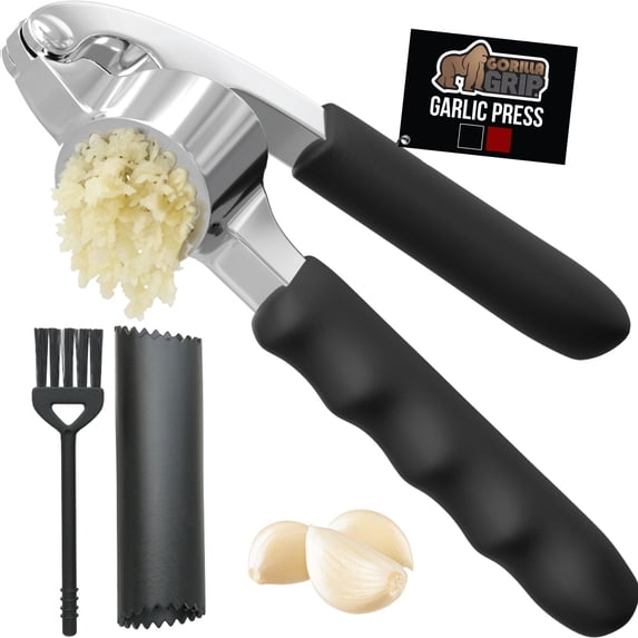 GORILLA GRIP Garlic Press and Peel Set, Heavy Duty Mincer Tool, Large Ergonomic Handle, Black