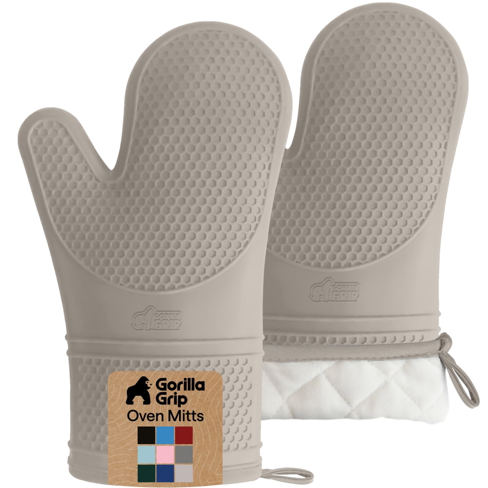GORILLA GRIP Heat Resistant Durable Silicone Oven Mitts, BPA-Free Protective Grilling Potholders, Soft Cotton Lining, Flexible Waterproof Cooking Mitt Set, Kitchen Home Essentials, 12.5x8.3, Almond
