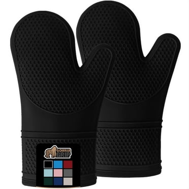 GORILLA GRIP Heat and Slip Resistant Silicone Oven Mitts, Waterproof, Cotton-Lined Mitt Set of 2, 12.5 IN, Black