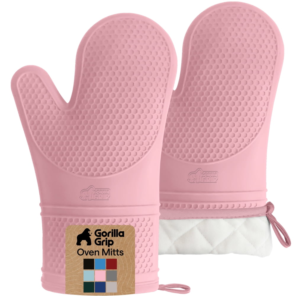 GORILLA GRIP Heat Resistant Durable Silicone Oven Mitts, BPA-Free Protective Grilling Potholders, Soft Cotton Lining, Flexible Waterproof Cooking Mitt Set, Kitchen Home Essentials, 12.5x8.3, Pink
