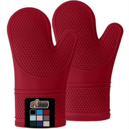 GORILLA GRIP Heat Resistant Durable Silicone Oven Mitts, BPA-Free Protective Grilling Potholders, Soft Cotton Lining, Flexible Waterproof Cooking Mitt Set, Kitchen Home Essentials, 12.5x8.3, Red