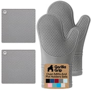 GORILLA GRIP BPA-Free Soft SIlicone Oven Mitts and Potholder Set of 4, Heat Resistant Hot Pads, Thick Cotton Lined Cooking Mitt, Long Gloves Protect Hands, Waterproof Trivet Mats, 12.5 in Gray