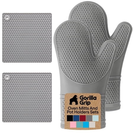 GORILLA GRIP BPA-Free Soft SIlicone Oven Mitts and Potholder Set of 4, Heat Resistant Hot Pads, Thick Cotton Lined Cooking Mitt, Long Gloves Protect Hands, Waterproof Trivet Mats, 12.5 in Gray