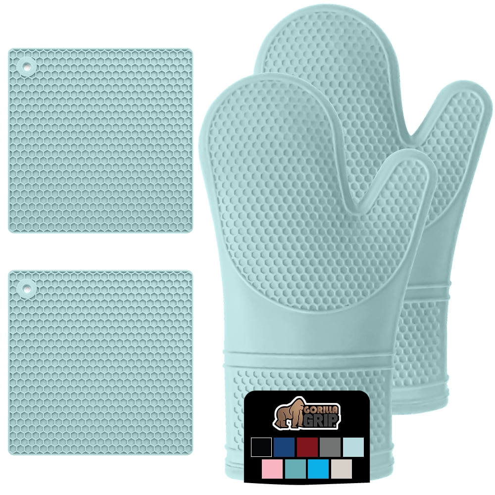 GORILLA GRIP Heat and Slip Resistant Silicone Oven Mitts and Trivet Set, Waterproof, Set of 4, Mint - Walmart.com
