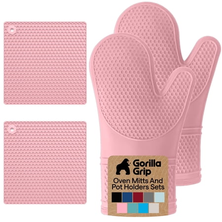 GORILLA GRIP BPA-Free Soft SIlicone Oven Mitts and Potholder Set of 4, Heat Resistant Hot Pads, Thick Cotton Lined Cooking Mitt, Long Gloves Protect Hands, Waterproof Trivet Mats, 12.5 in Pink