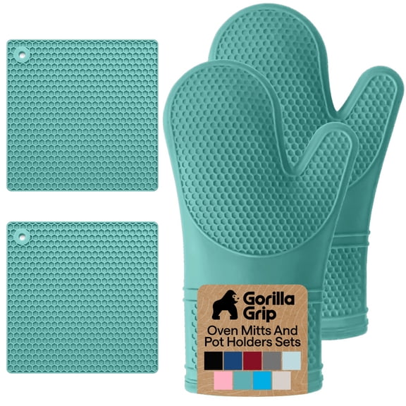GORILLA GRIP BPA-Free Soft SIlicone Oven Mitts Potholder Set of 4, Heat Resistant Hot Pads Thick Cotton Lined Cooking Mitt, Long Gloves Protect Hands, Waterproof Trivet Mats, 12.5 in Turquoise