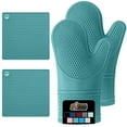 thumbnail image 1 of GORILLA GRIP Heat and Slip Resistant Silicone Oven Mitts and Trivet Set, Waterproof, Set of 4, Turquoise, 1 of 10