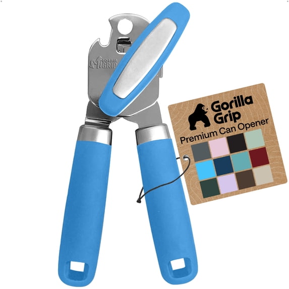 GORILLA GRIP Heavy Duty Upgraded Stainless Steel Smooth Edge Manual Can Opener and Bottle Openers, Soft Comfortable Oversized Handheld Turn Knob, Aqua