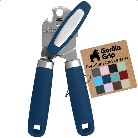 GORILLA GRIP Heavy Duty Upgraded Stainless Steel Smooth Edge Manual Can Opener and Bottle Openers, Soft Comfortable Oversized Handheld Turn Knob, US Designed Multifunctional Kitchen Tool, Cobalt