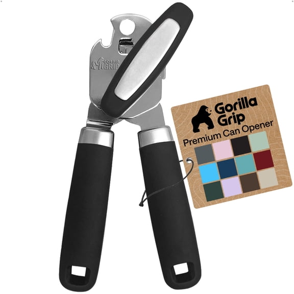 GORILLA GRIP Heavy Duty Upgraded Stainless Steel Smooth Edge Manual Can Opener and Bottle Openers, Soft Comfortable Oversized Handheld Turn Knob, US Designed, Onyx
