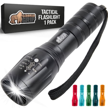 GORILLA GRIP LED Tactical Flashlight, 750 FT High Lumens 5 Adjustable Modes, Water Resistant, Black