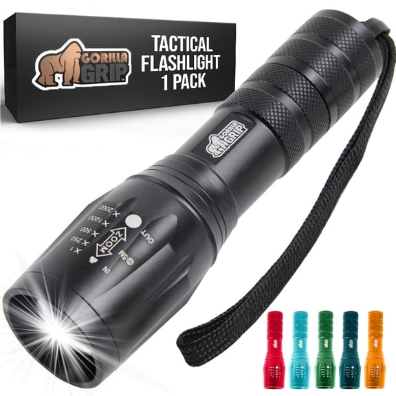 GORILLA GRIP LED Tactical Flashlight, 750 FT High Lumens 5 Adjustable Modes, Water Resistant, Black