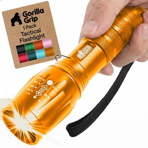 GORILLA GRIP LED Tactical Flashlight, 750 FT High Lumens 5 Adjustable Modes, Water Resistant, Gold
