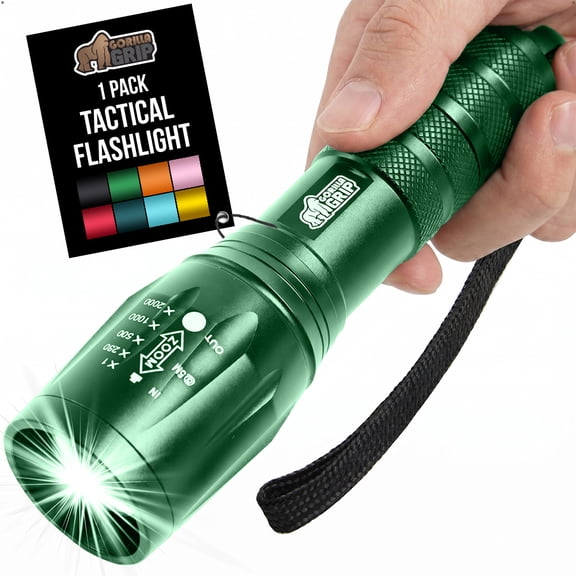 GORILLA GRIP LED Tactical Flashlight, 750 FT High Lumens 5 Adjustable Modes, Water Resistant, Green