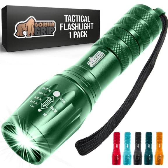GORILLA GRIP LED Tactical Flashlight, 750 FT High Lumens 5 Adjustable Modes, Water Resistant, Green