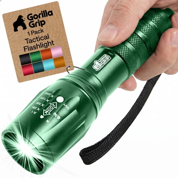 GORILLA GRIP LED Tactical Flashlight, 750 FT High Lumens 5 Adjustable Modes, Water Resistant, Green
