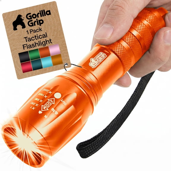 GORILLA GRIP LED Tactical Flashlight, 750 FT High Lumens 5 Adjustable Modes, Water Resistant, Orange