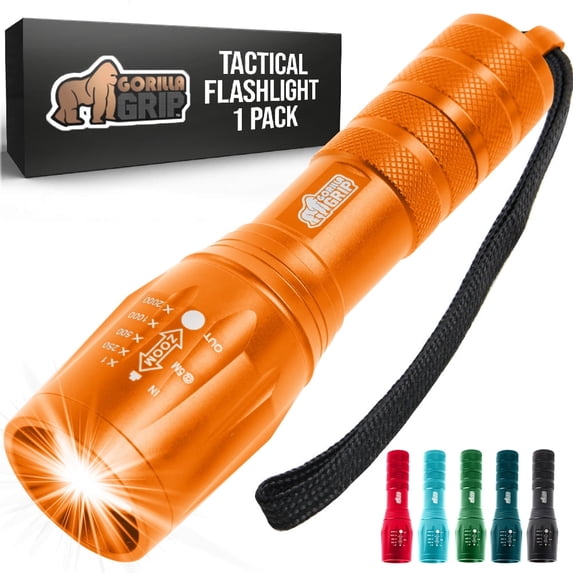 GORILLA GRIP LED Tactical Flashlight, 750 FT High Lumens 5 Adjustable Modes, Water Resistant, Orange