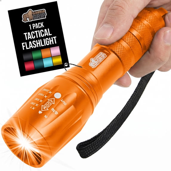 GORILLA GRIP LED Tactical Flashlight, 750 FT High Lumens 5 Adjustable Modes, Water Resistant, Orange
