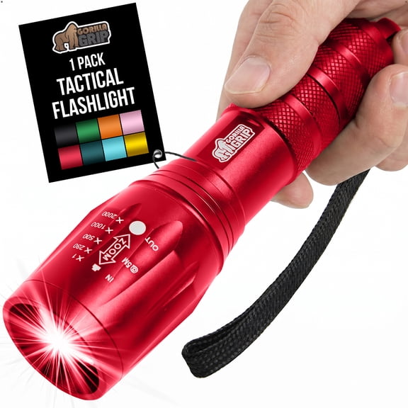 GORILLA GRIP LED Tactical Flashlight, 750 FT High Lumens 5 Adjustable Modes, Water Resistant, Red