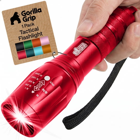 GORILLA GRIP LED Tactical Flashlight, 750 FT High Lumens 5 Adjustable Modes, Water Resistant, Red