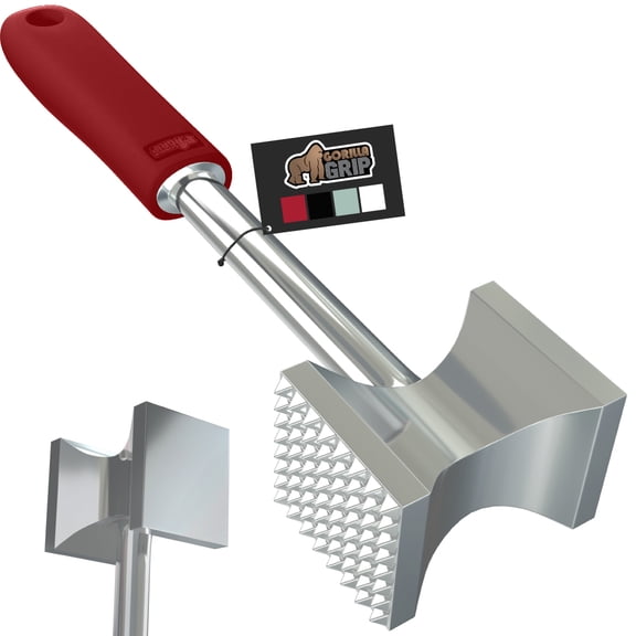 GORILLA GRIP Meat Tenderizer, Patented Heavy Duty Kitchen Mallet Hammer Tool with Soft Handle, Red