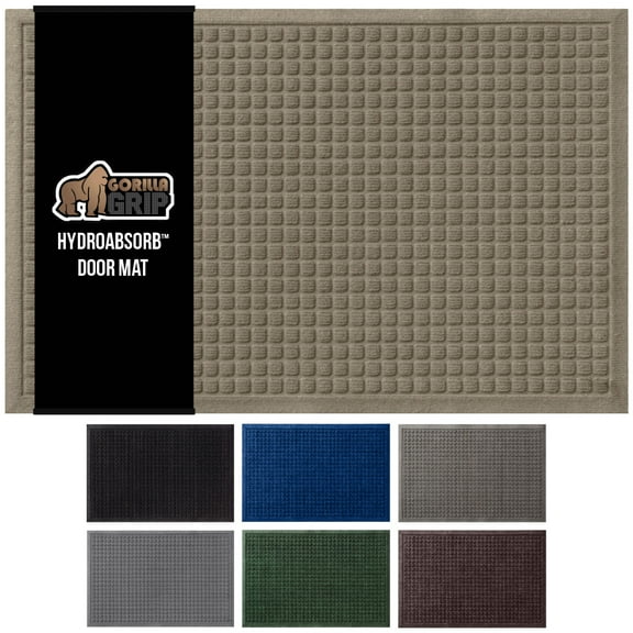GORILLA GRIP HydroAbsorb Doormat, Indoor Outdoor Rubber Backed Weather Mat, 29x17, Beige
