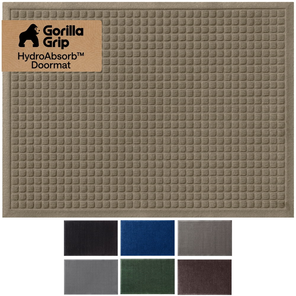 GORILLA GRIP HydroAbsorb Doormat, Indoor Outdoor Rubber Backed Weather Mat, 29x17, Beige