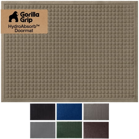 GORILLA GRIP HydroAbsorb Doormat, Indoor Outdoor Rubber Backed Weather Mat, 29x17, Beige