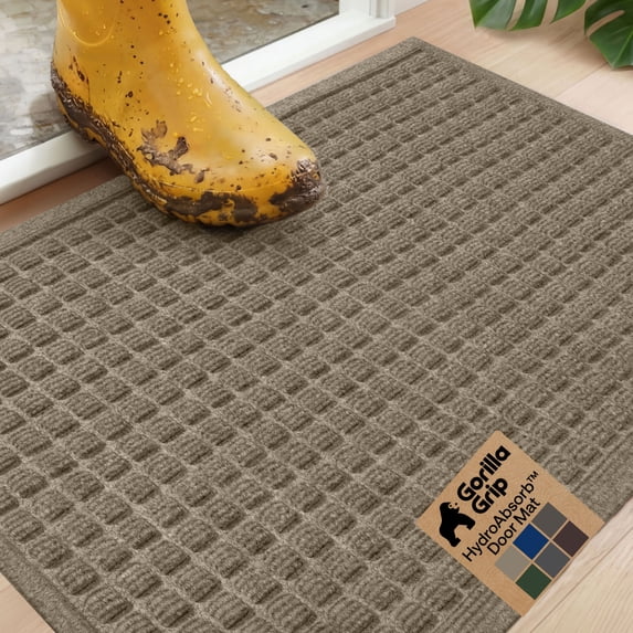 GORILLA GRIP HydroAbsorb Doormat, Indoor Outdoor Rubber Backed Weather Mat, 29x17, Beige