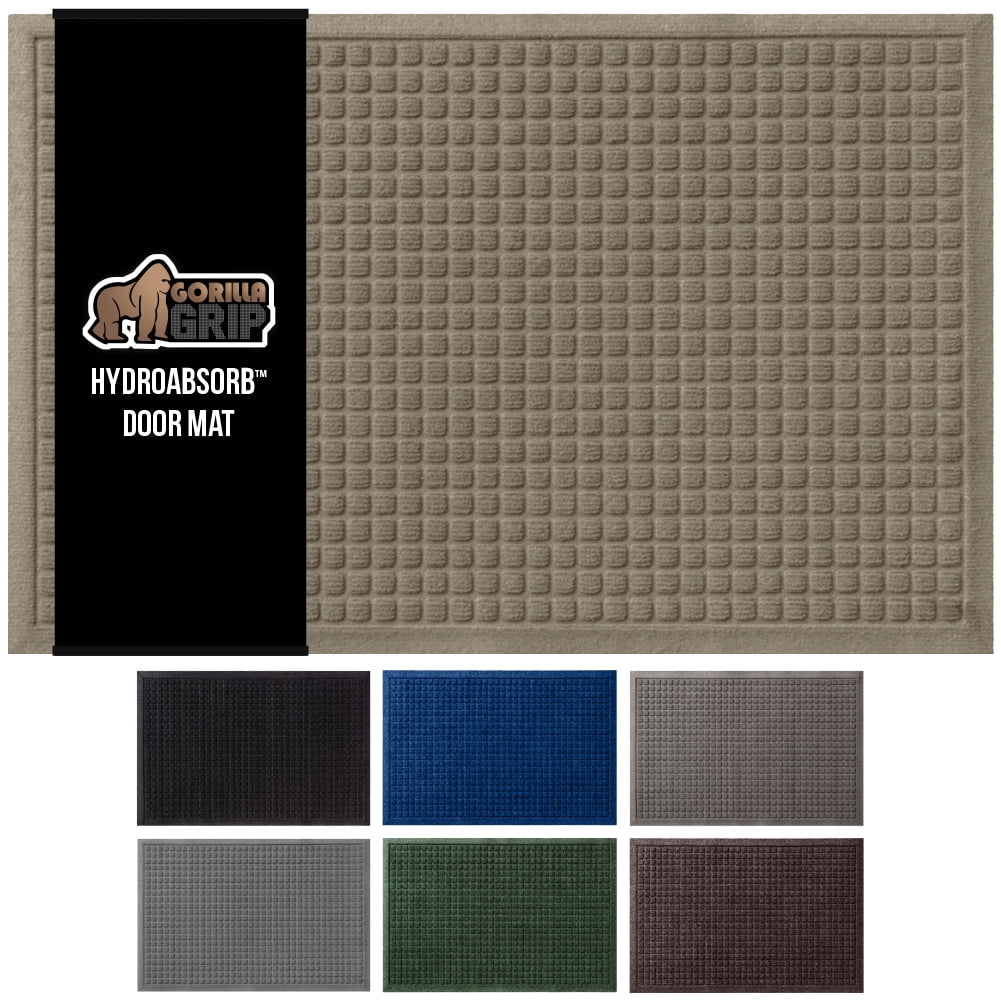 GORILLA GRIP HydroAbsorb Doormat, Indoor Outdoor Rubber Backed Weather Mat, 35x23, Beige